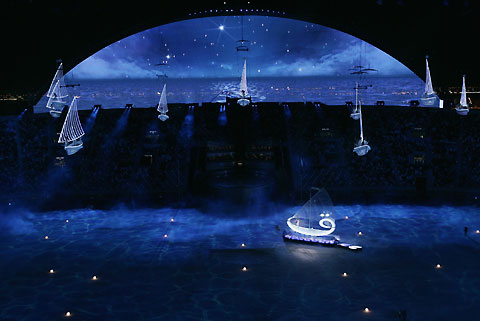 Illuminated boats are hung during the rehearsal of the 15th Asian Games opening ceremony in Doha November 29, 2006. The opening ceremony will be held on December 1, 2006. 