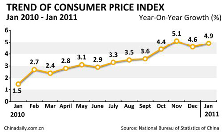 China's Jan CPI up 4.9%; PPI up 6.6%