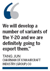 Aircraft maker expects exports of Y-20 airlifters