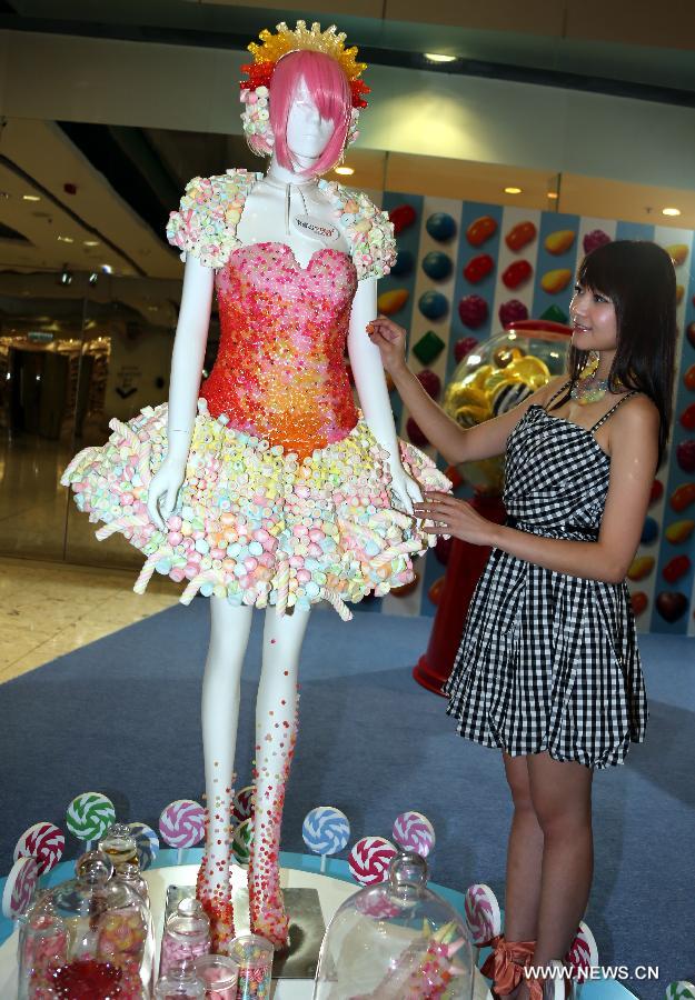 Shoes, apparels made of candies on show in HK
