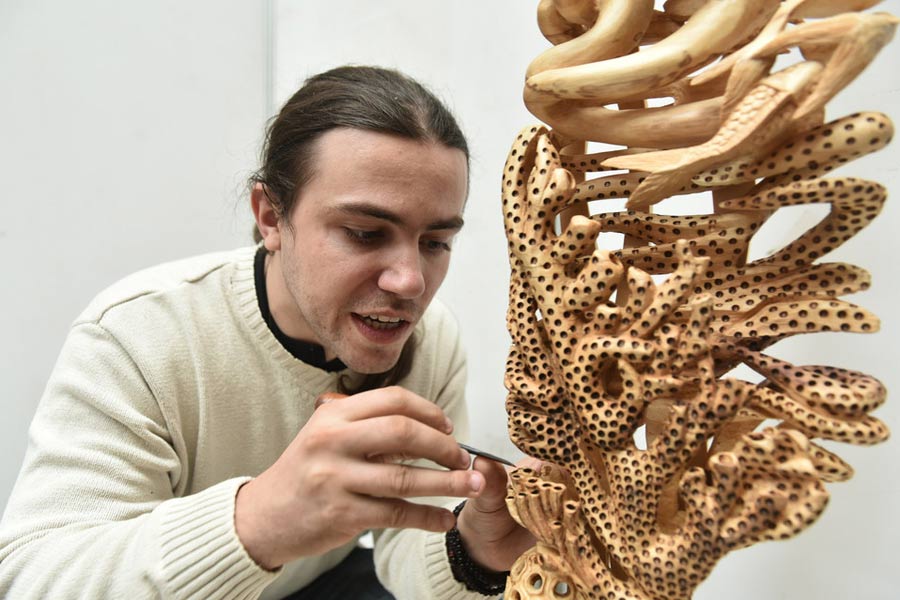 Frenchman engrossed by Dongyang wood carving