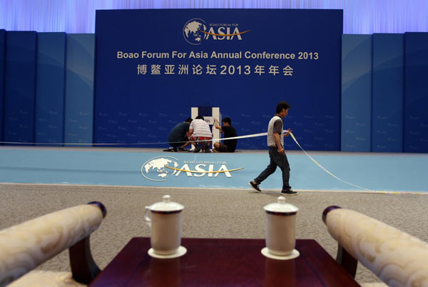 Workers preparing for Forum opening