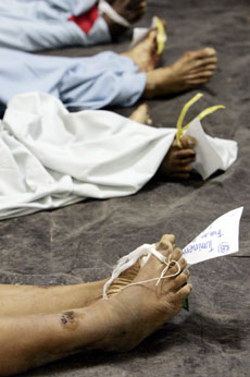 Name tags are hung on the foot of quake victims outside the morgue at a hospital in Yogyakarta May 27, 2006. A powerful earthquake struck around Indonesia's royal city of Yogyakarta on Saturday, killing more than 3,000 people as houses and buildings collapsed near ancient heritage sites.