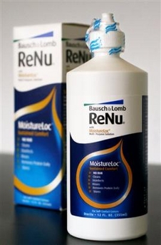 A bottle of ReNu contact lens solution is shown in this Tuesday, April 11, 2006 file photo in New York. Nearly two-thirds of contact-lens wearers who contracted a potentially blinding fungal eye infection reported using Bausch & Lomb Inc.'s newest lens cleaner, health authorities said Tuesday, May 9, 2006. The eye-care products maker halted U.S. sales of its ReNu with MoistureLoc solution on April 10 after the Centers for Disease Control and Prevention said it was investigating an outbreak of Fusarium keratitis infections in Americans using the product. (AP Photo