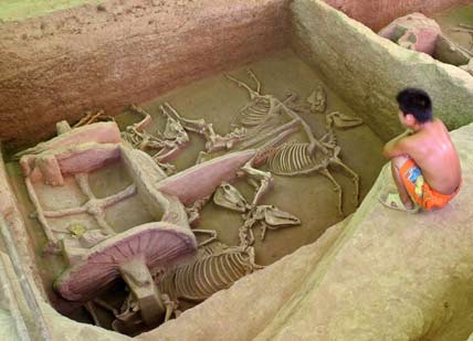 A child squats beside a hole containing vehicles and horse bones from the Eastern Zhou dynasty (770 BC-221 BC), which was dug out and made open to the public, in Luoyang, central China's Henan province, August 17, 2006. [Reuters] 