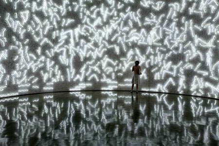 A visitor looks at a piece of work of Chinese artist Shen Fan during the opening of the 6th Shanghai Biennial in Shanghai September 5, 2006.