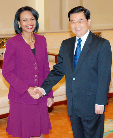 U.S. Secretary of State Condoleezza Rice meets Chinese President Hu Jintao at the Great Hall of the People in Beijing, October 20, 2006.