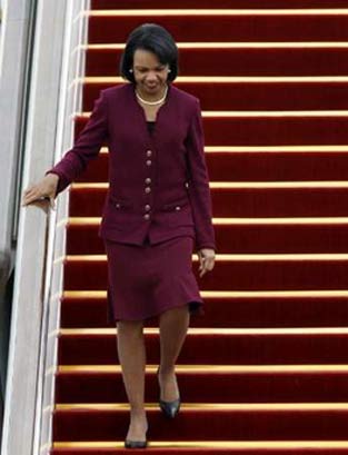 U.S. Secretary of State Condoleezza Rice arrives at Beijing's airport October 20, 2006. Rice headed to Beijing on Friday as attention focused on whether a group of Chinese diplomats returning from Pyongyang had managed to persuade North Korea to cool nuclear tensions.