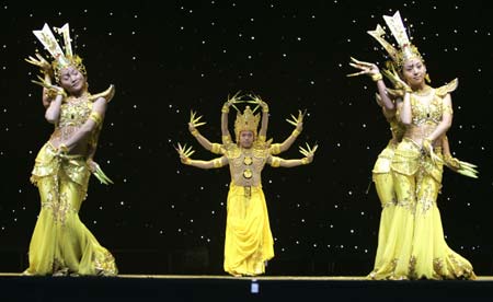 Deaf artists from the China Disabled People's Performing Art Troupe dance during a dress rehearsal for their show 