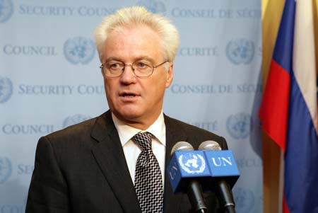 Russian Ambassador to the UN Vitaly Churkin answers reporters' questions after the vote on a U.S. draft resolution on Myanmar at the United Nations in New York, January 13, 2007. Russia and China vetoed Friday a U.S. draft resolution which intends to cast further pressure on Myanmar for its problems in political, economic and social areas. [Xinhua]