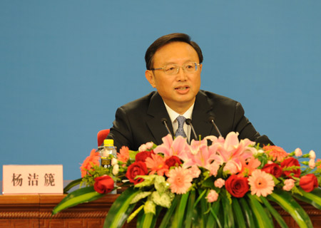 Chinese Foreign Minister Yang Jiechi speaks a the press held by the Second Session of the 11th National People's Congress (NPC) at the Great Hall of the People in Beijing, China, March 7, 2009. 