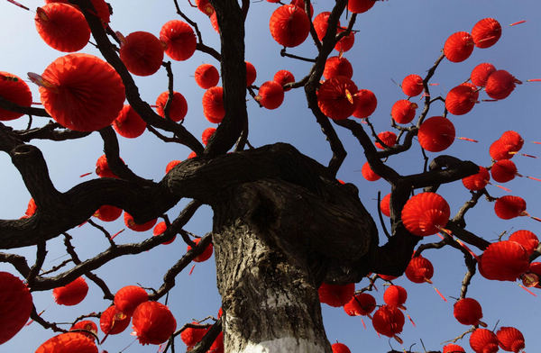 Trees decorated in red to greet Chinese New Y