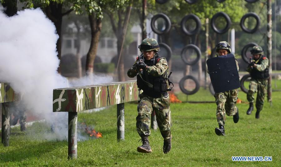 Armed policemen take part in anti-terrorism drill in Nanchang