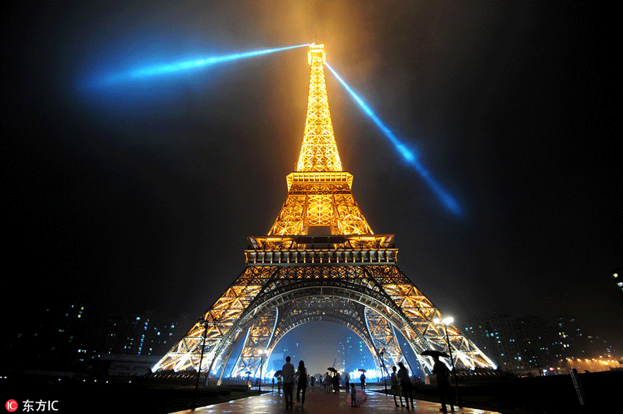 Replica of Eiffel Tower glows in E China's Hangzhou