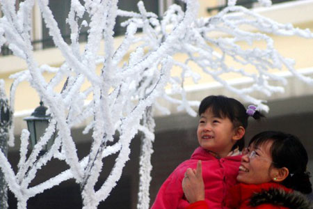 Mother and daughter watch rime in Shenyang, capital of northeast China&apos;s Liaoning Province, Dec. 12, 2007. Peculiar rime appeared in Shenyang on Wednesday due to low temperature and moist weather.