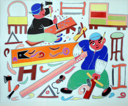 One of Beichen Farmer aritist Ding Xueyi's paintings called 'Carpenters' is displayed in Beichen District, Tianjin Municipality, March 15, 2008. Some 100 farmers in Beichen district of Tianjin are committed to farmers' paintings. [Xinhua]