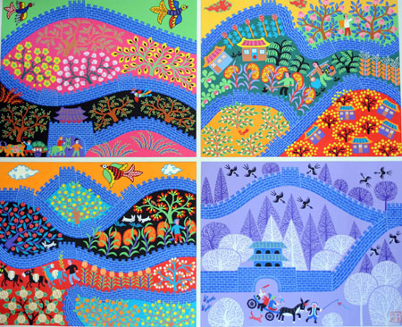 One of Beichen Farmer aritist Feng Aidong's paintings called 'The Great Wall in Four Seasons' is displayed in Beichen District, Tianjin Municipality, March 14, 2008. Some 100 farmers in Beichen district of Tianjin are committed to farmers' paintings. [Xinhua]