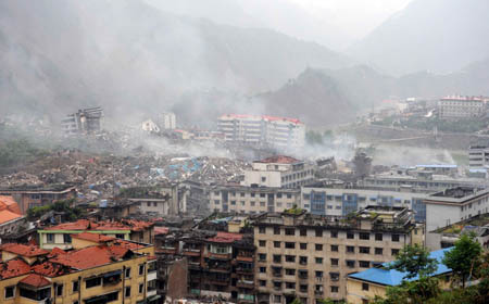 Photo taken on May 13, 2008 shows the scene of the earthquake-hit Beichuan County, about 160 kilometers northeast of the epicenter of Wenchuan County, southwest China's Sichuan Province. Beichuan County is badly damaged in Monday's quake, with great numbers of buildings collapsed and landslides around the county.
