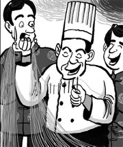 Chef's noodle and needle skills draw oodles of fans