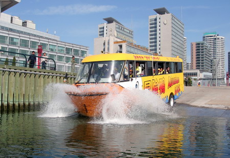 Amphibious bus carries passengers to the sea