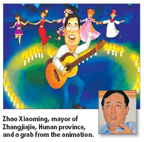 Caricature of a mayor promoting tourism