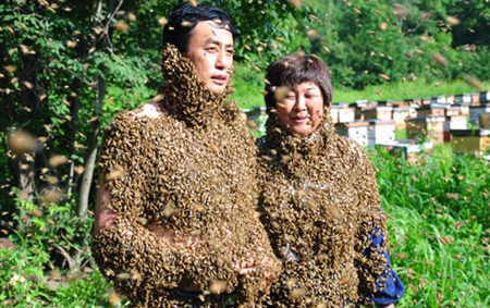 Beekeepers perform a stunt