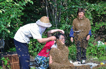 Beekeepers perform a stunt