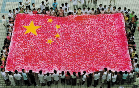 Students make national flag from hand imprints