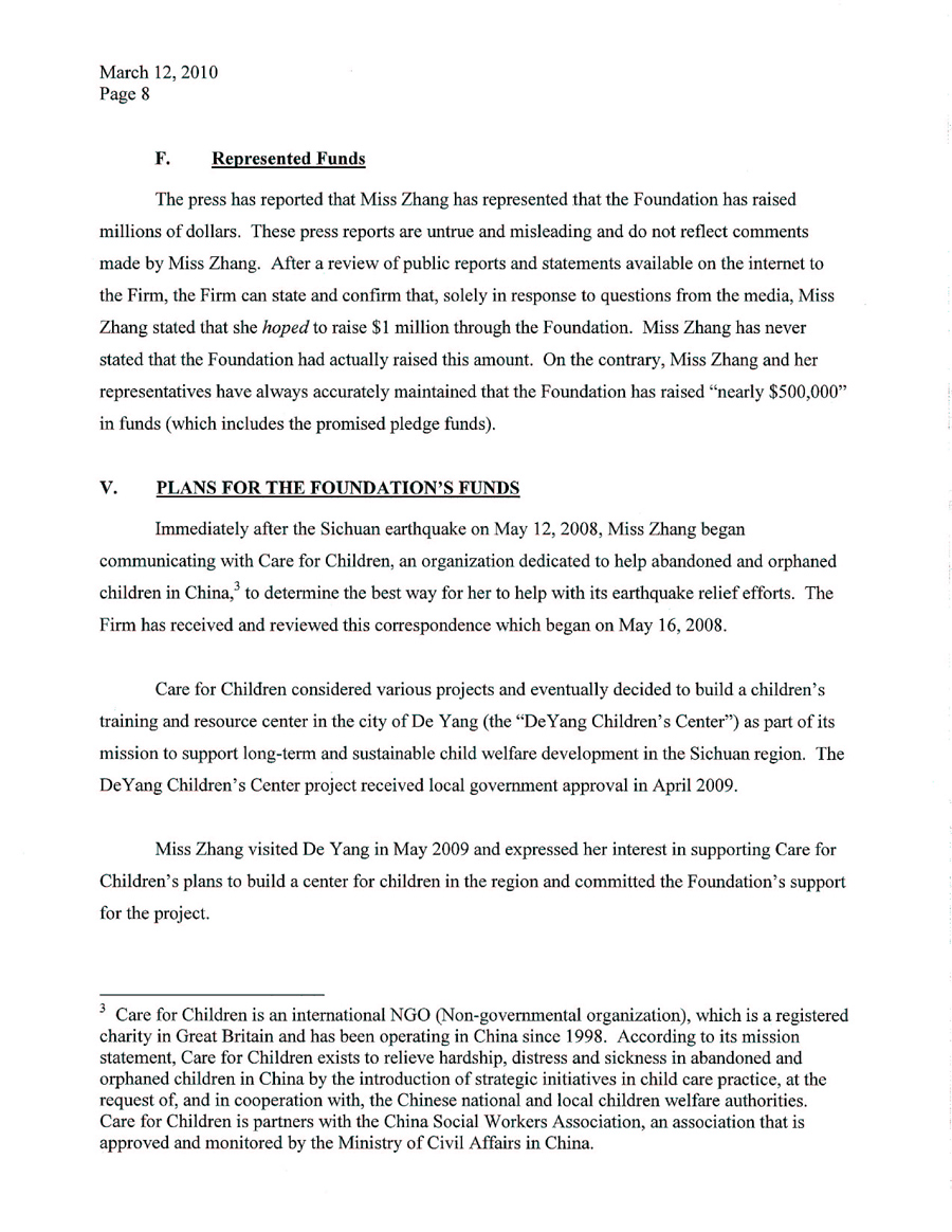 Lawyer's Statement: Memorandum Regarding the Ziyi Zhang Foundation