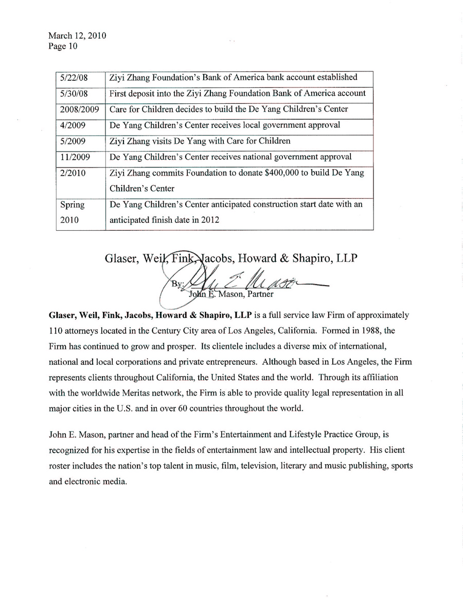 Lawyer's Statement: Memorandum Regarding the Ziyi Zhang Foundation