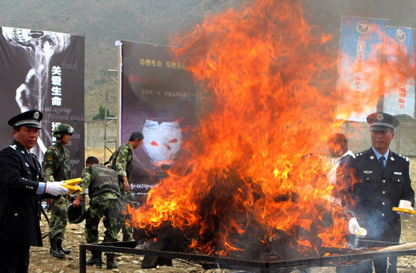 Narcotics blaze highlights anti-drugs day in Tibet