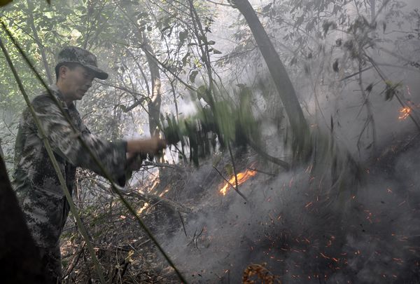 Militia soldiers control forest fire in Hunan