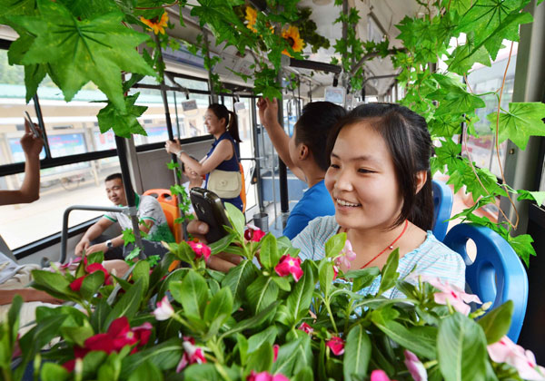 Plants put on bus to cool passengers' spirits