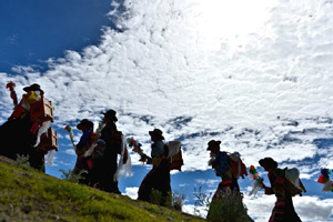 Tibetan pilgrims kowtow along a road