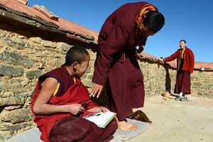 Tibetan pilgrims kowtow along a road