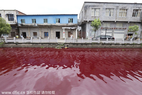 Suspicious blood-red water inundates river in Wenzhou