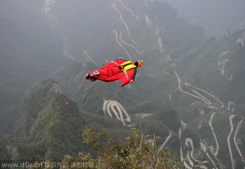 Wingsuit flyers conduct trial flight before sky race