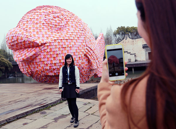 Pink fish makes a splash in ancient town