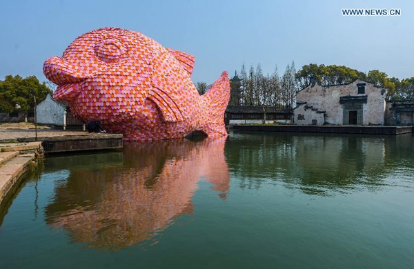 Pink fish makes a splash in ancient town
