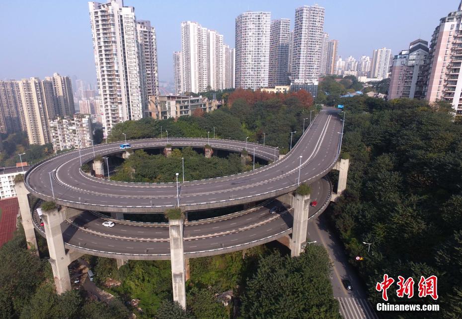 Aerial view of triple-loop spiral bridge in Chongqing