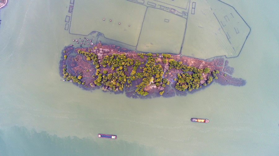 Aerial shots of fish-shaped island in East China