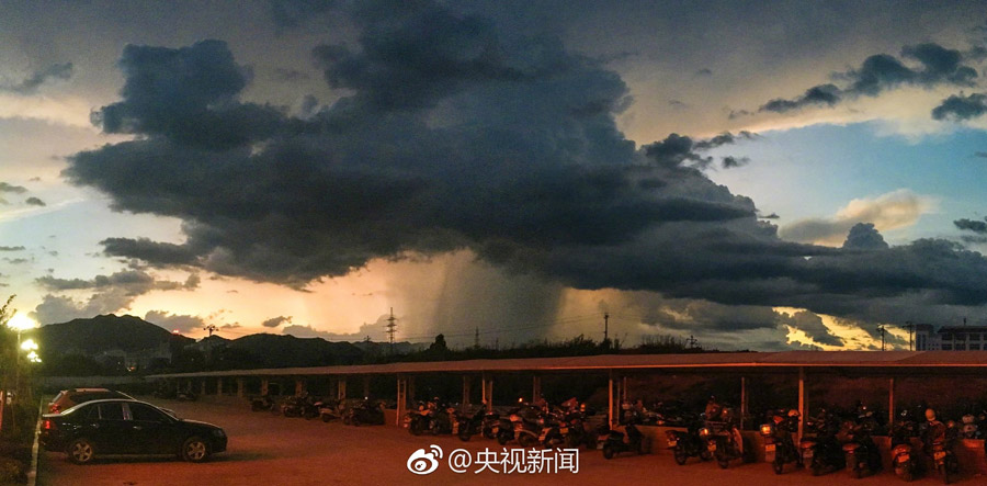 Column-shaped thundershower in sunset