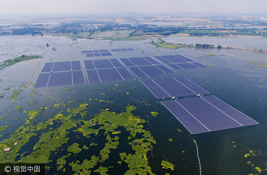 A floating solar farm on a coal mining subsidence area in Panji district of Huainan, Anhui province. Image: VCG/China Daily A floating solar farm on a coal mining subsidence area in Panji district of Huainan, Anhui province. Image: VCG/China Daily