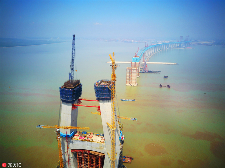 Aerial view of Shanghai-Nantong Yangtze River Bridge under construction