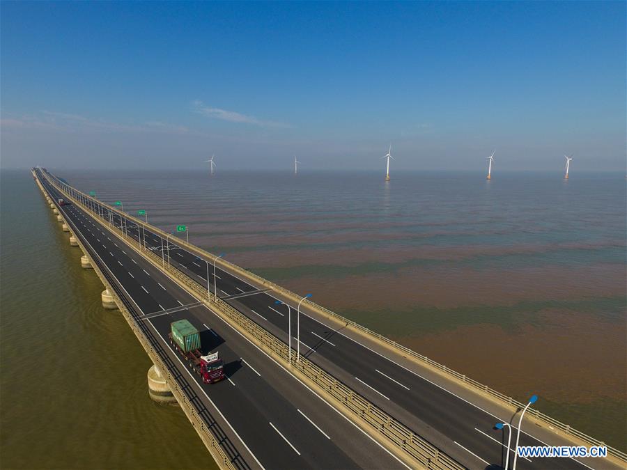 Aerial view of China's first offshore wind farm[7