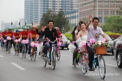 Bikes as wedding transportation for couple