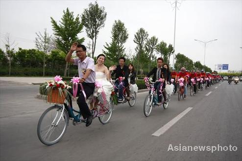 Bikes as wedding transportation for couple