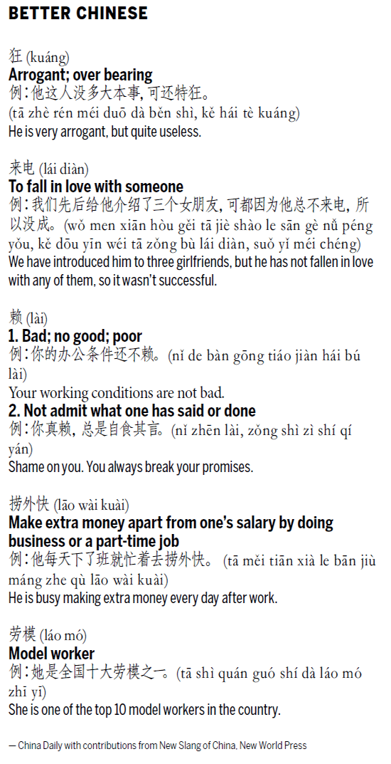 来电 to fall in love with someone; 捞外快 make extra money apart from one's salary by doing business or a part-time job