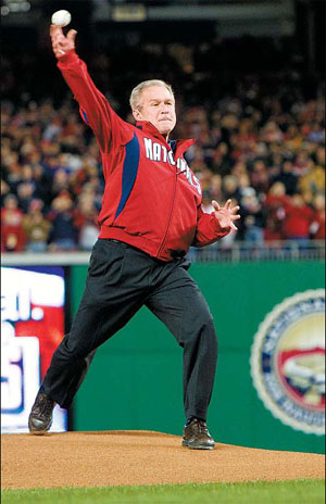 Bush throws 1st baseball pitch to kick off season