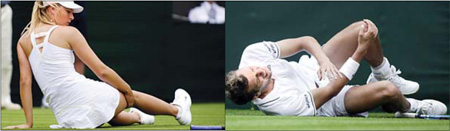 Tumbles and splits as players skid on slippery grass